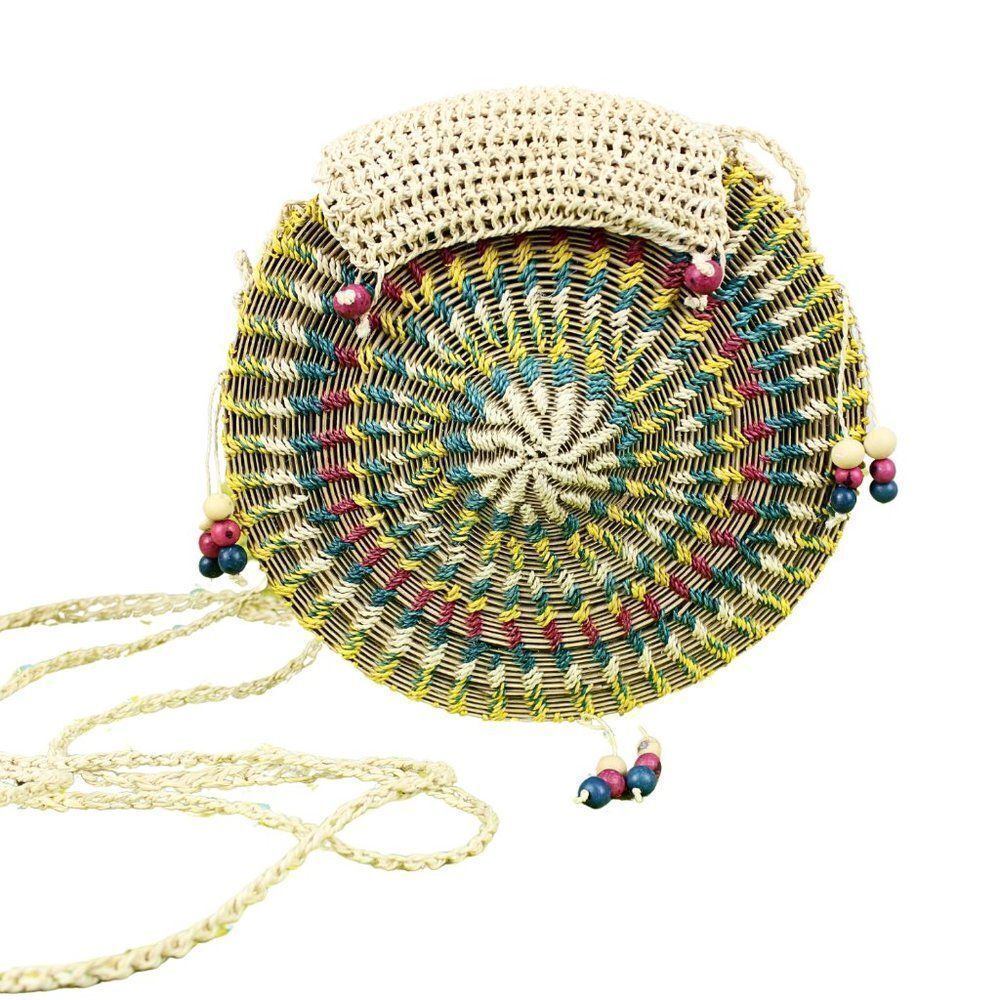 Crossbody Banjo Bag Bohemian Multi-Color Rattan & Beaded Woven Shoulder Bag
